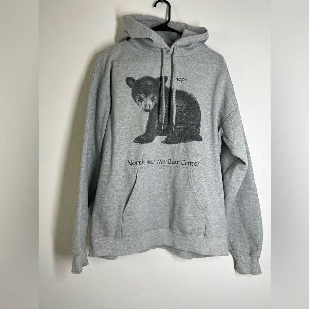 HANES North American Bear Center Gray Cotton Hoodie Size M